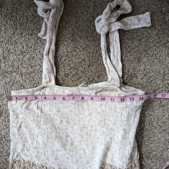 Anthropologie Lazy Sundays Tan White Ditsy Floral Knot Tie Tank Lined Dress Sz M - Picture 10 of 11